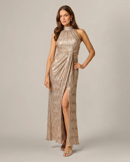 Rose-gold halter neck maxi dress with draped bodice and front slit