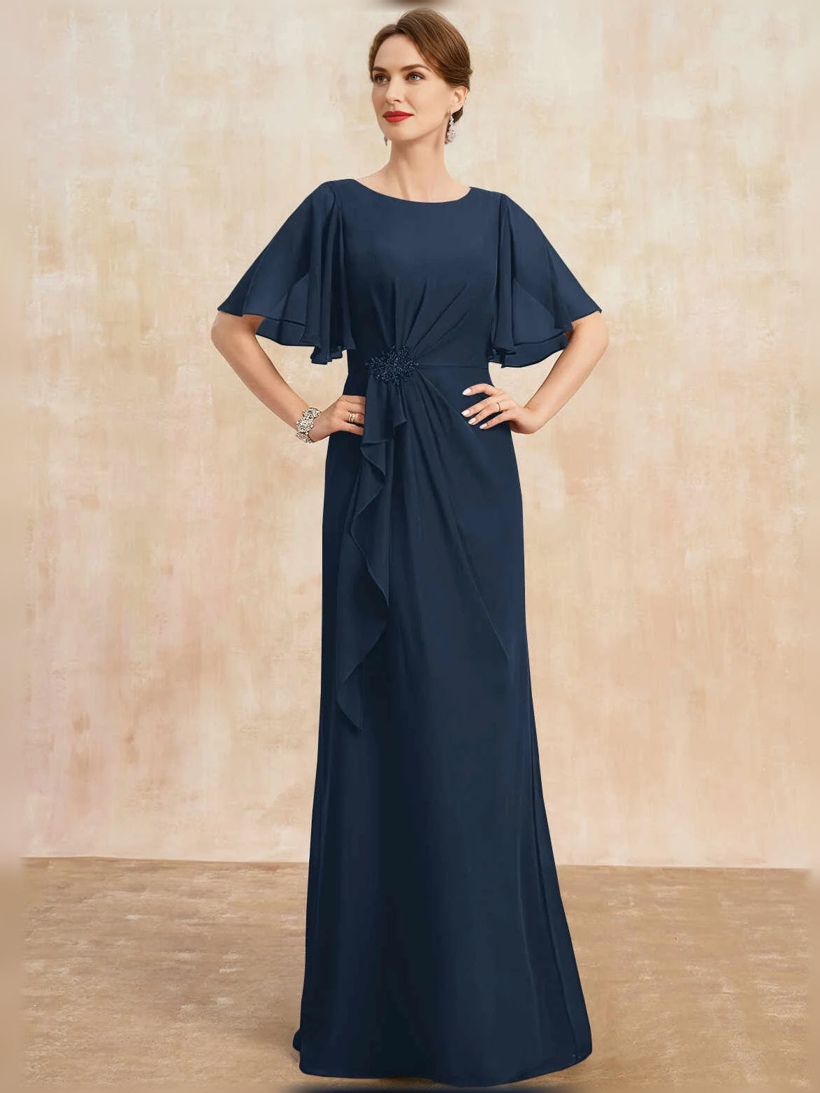 Dark navy floor-length chiffon sheath dress with short flutter sleeves and side draped panels