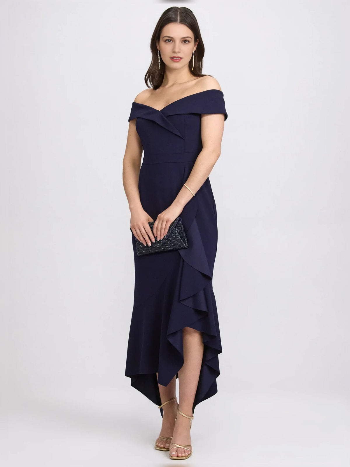 Dark navy off-shoulder midi dress with short sleeves and draped ruffle overlay