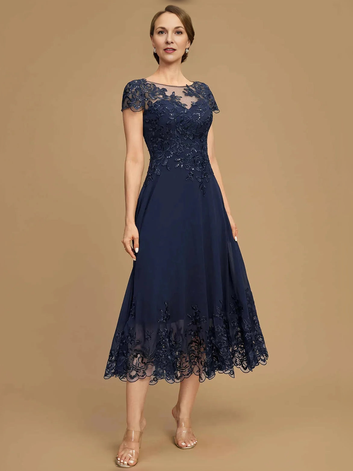 Dark navy sequin boat-neck A-line chiffon tea-length dress with lace hem