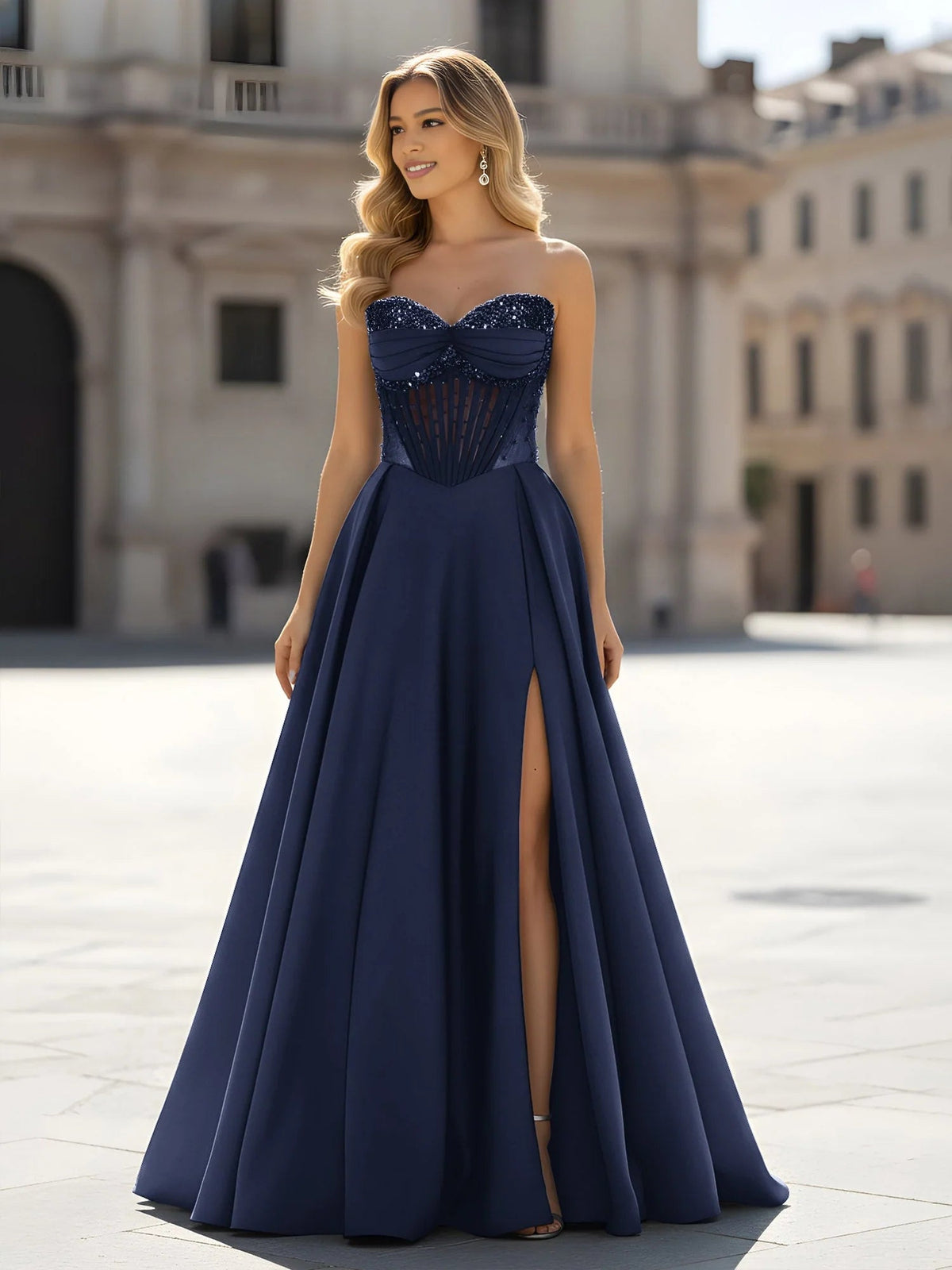 Dark navy sweetheart corset A-line prom dress with front slit and long skirt