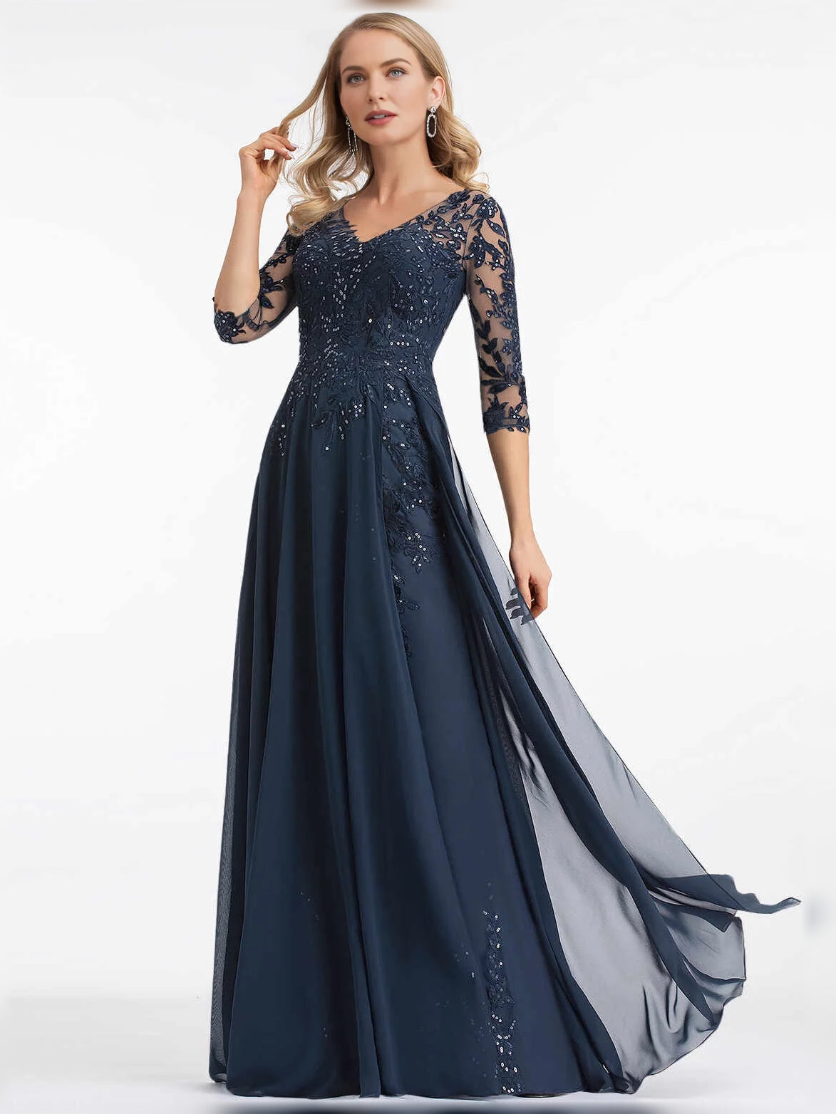 Dark blue sequin floral V-neck A-line maxi dress, 3/4 sleeves, sheer lace bodice