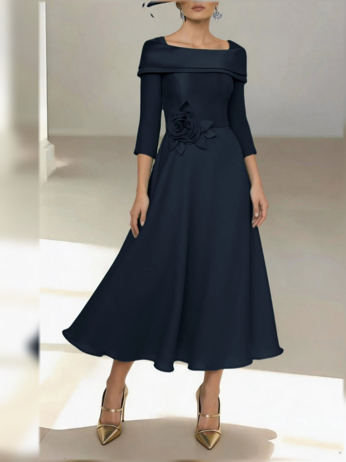 Dark navy satin A-line midi dress with off-shoulder drape, 3/4 sleeves, floral rose applique