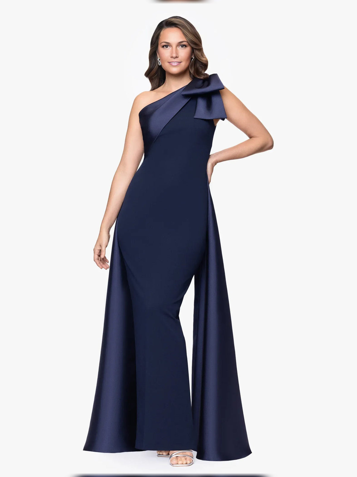 Dark navy one-shoulder crepe sheath gown with bow shoulder detail and side slit, long