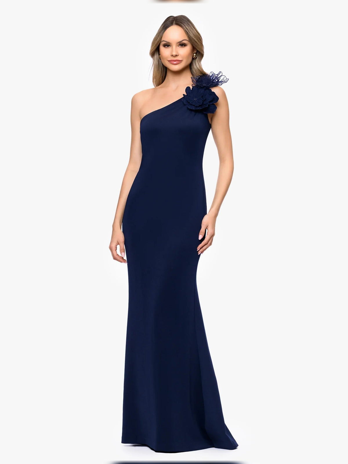 Dark navy one-shoulder A-line floor-length dress with floral shoulder detail
