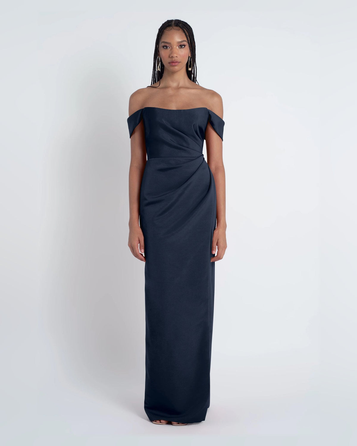 Navy off-shoulder A-line formal maxi dress with draped waist