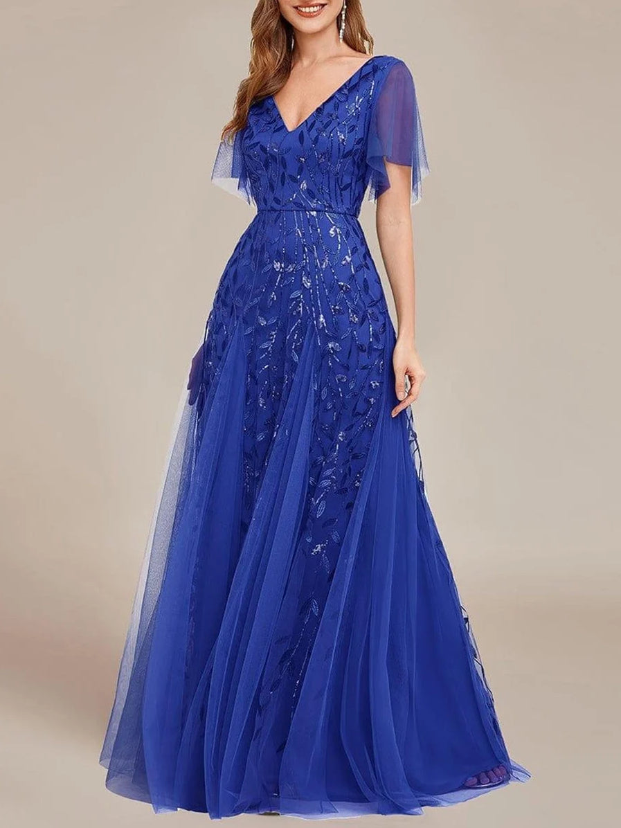 Blue embroidered V-neck A-line tulle evening dress with layered skirt and short sleeves