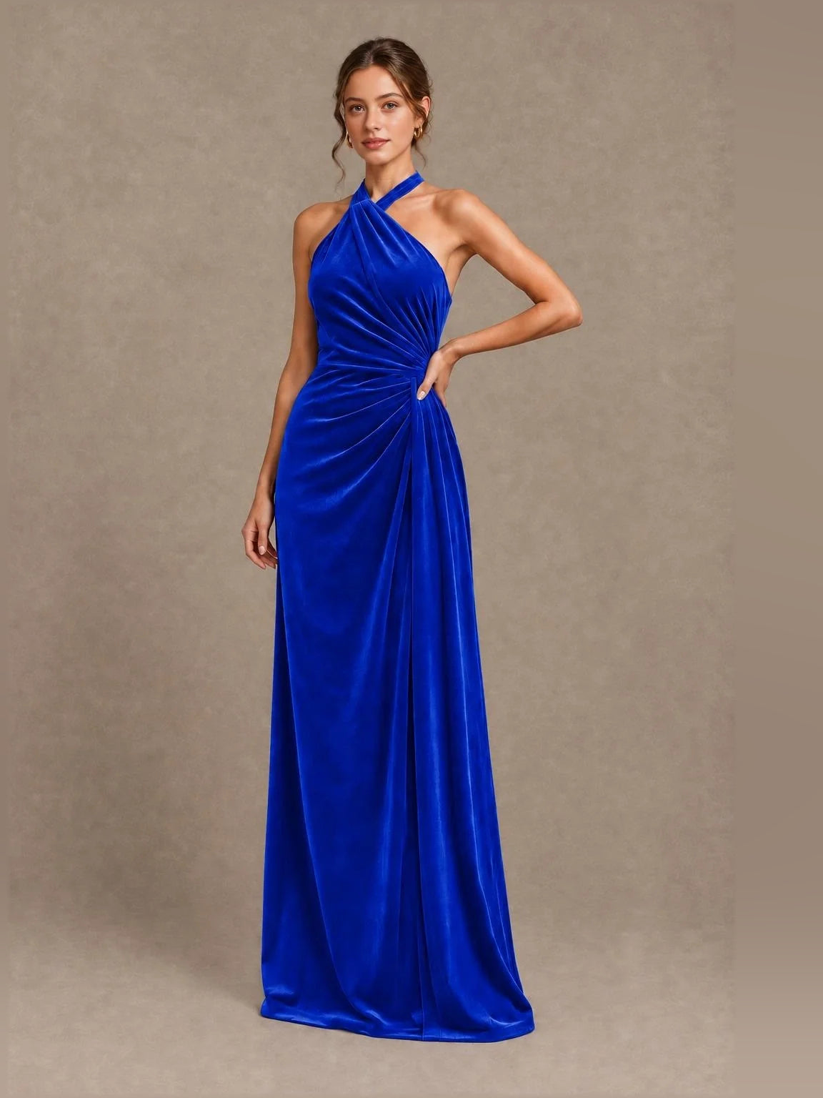Velvet royal blue ruched draped V-neck sheath gown, sleeveless halter, floor length