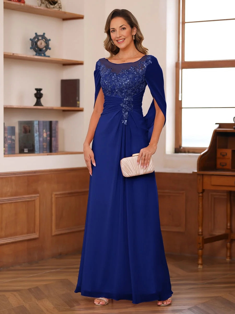 Navy chiffon maxi dress with bateau neckline and floral beaded drape bodice