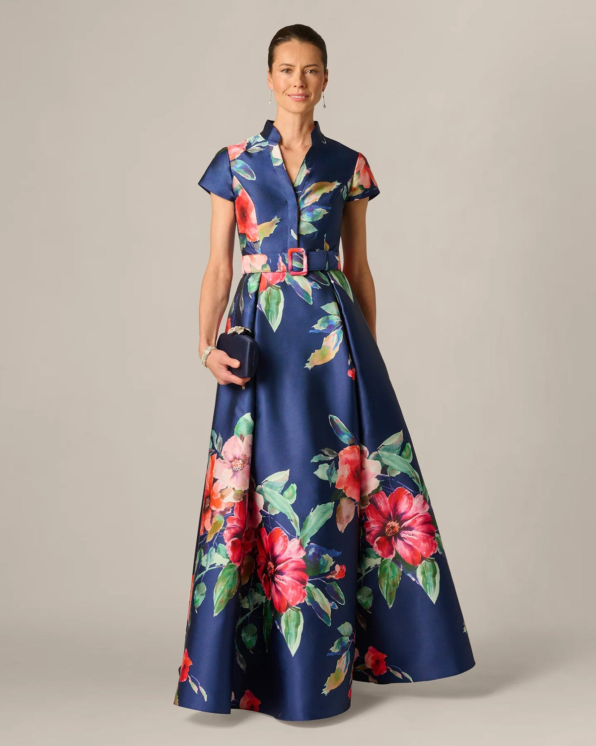 Navy floral maxi dress with short sleeves, V-neck, and waist belt with buckle