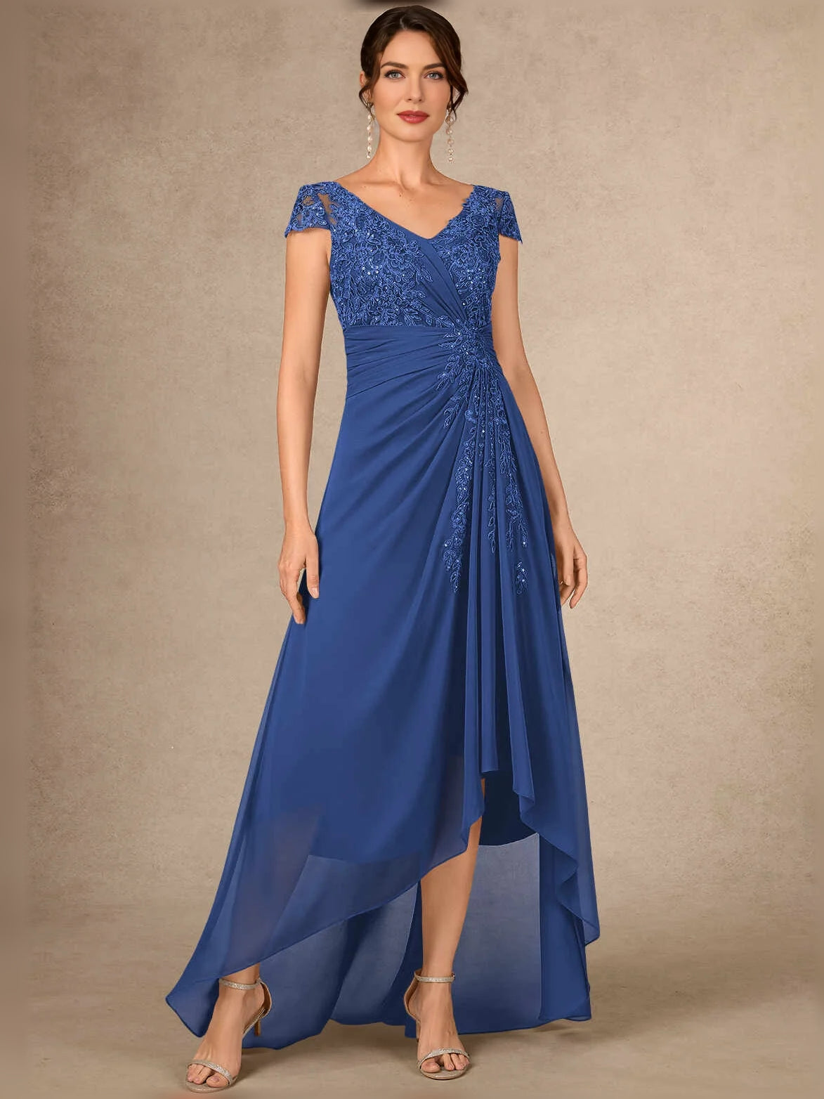 Navy ruched V-neck chiffon mother-of-the-bride dress with floral sequin bodice and high-low hem