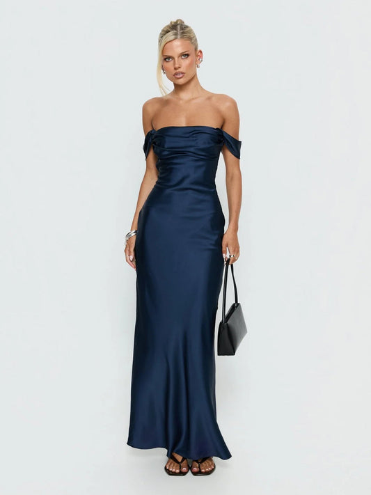Navy off-shoulder A-line maxi formal dress, sleeveless with long flared skirt
