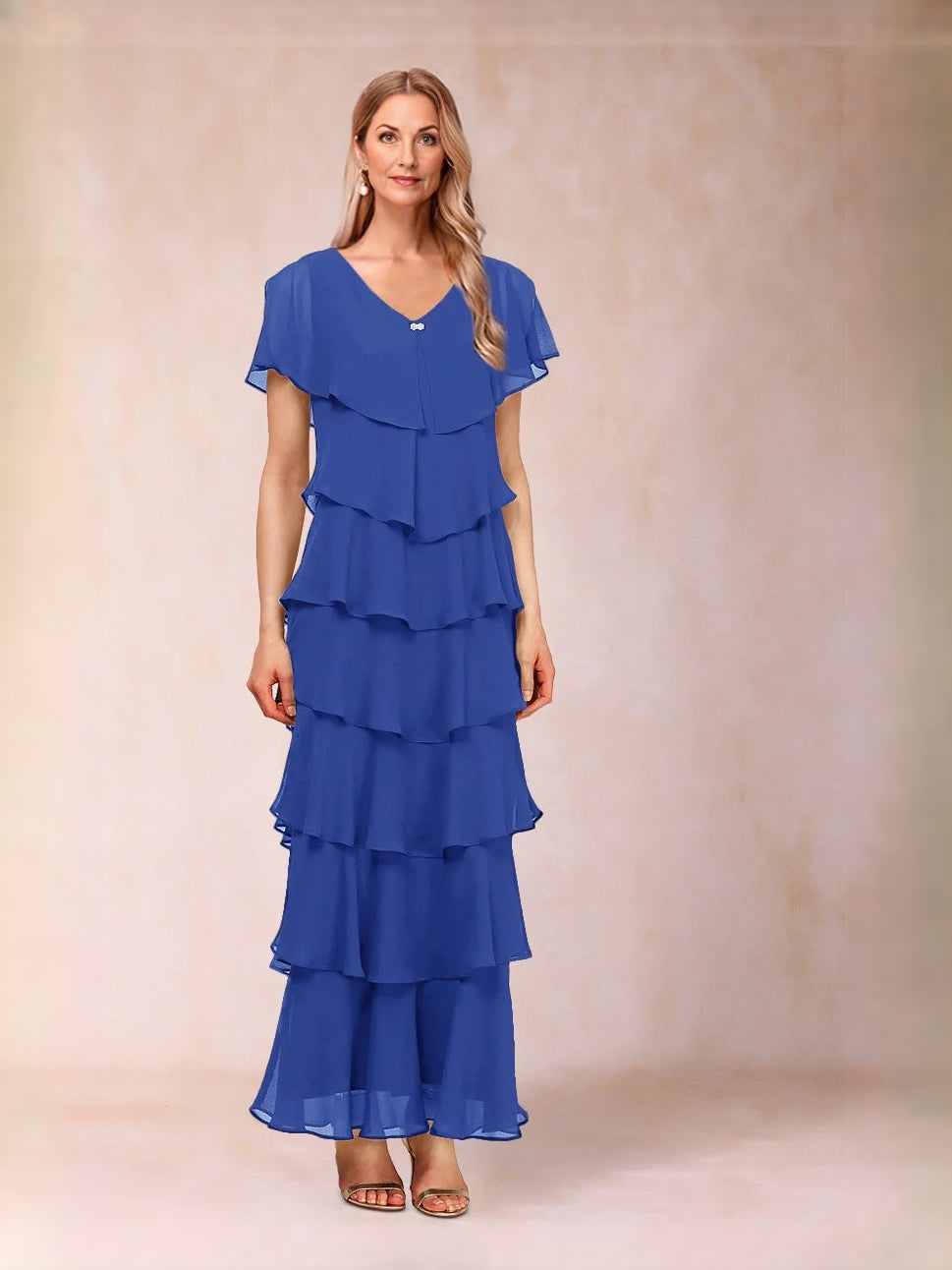 Tiered ruffled V-neck A-line maxi chiffon dress, bright blue