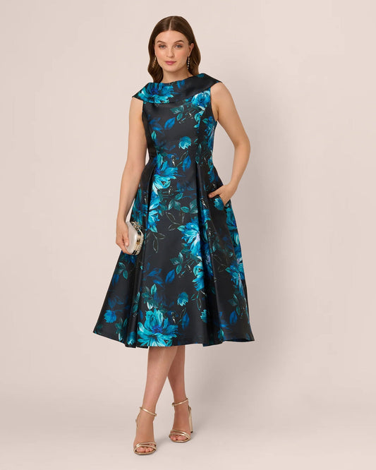 Floral Print Sleeveless A-Line Midi Mother of the Bride Dress for Church Wedding