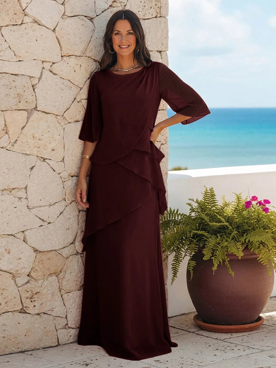Layered ruffled A-line chiffon mother-of-the-bride dress, burgundy, elbow-length sleeves