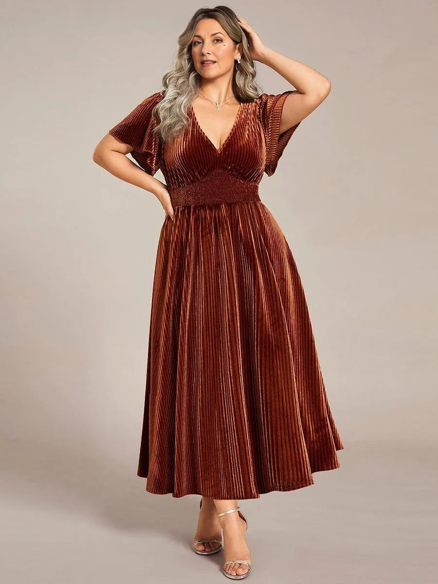 Deep red velvet A-line midi dress with V-neck and flutter sleeves