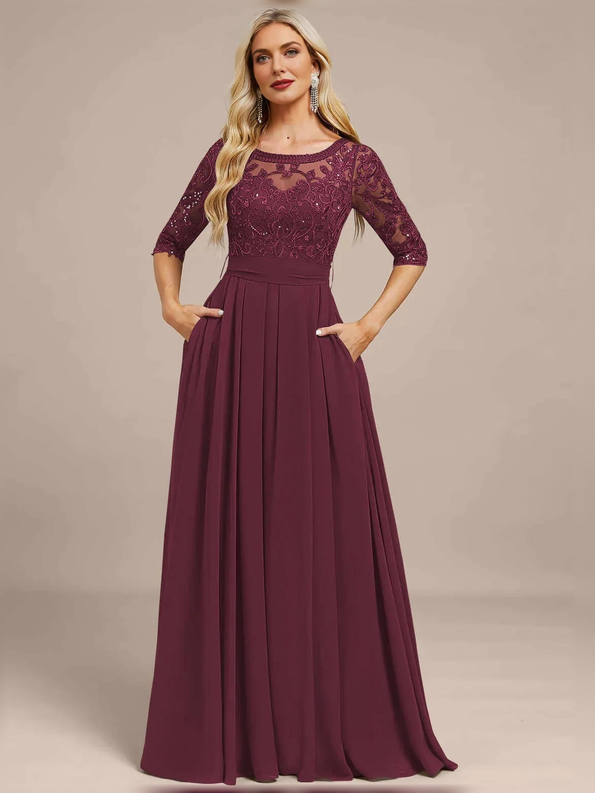 Burgundy A-line chiffon dress with lace illusion neckline and 3/4 sleeves