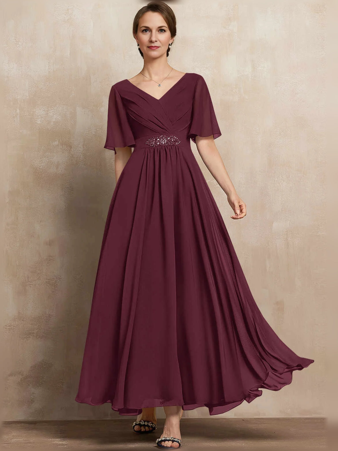 Pleated beaded V-neck A-line maxi chiffon dress, deep purple