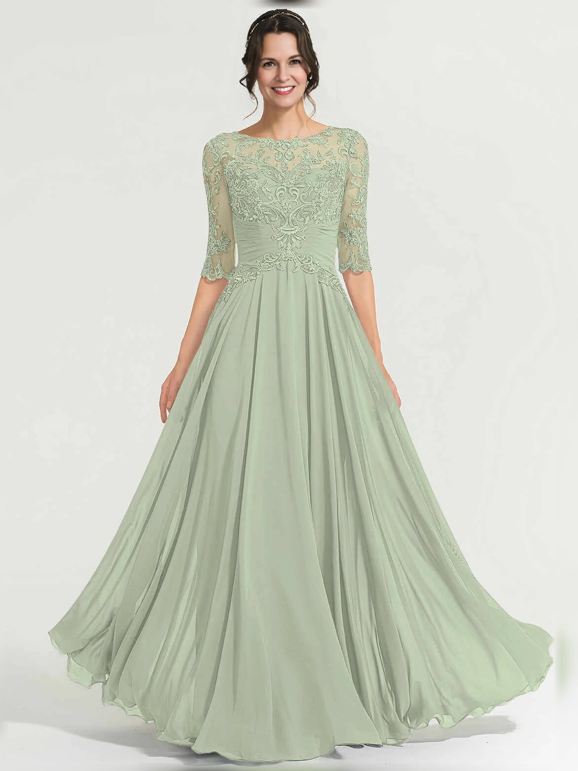 Celadon green floral lace illusion-neck A-line maxi chiffon dress with 3/4 sleeves