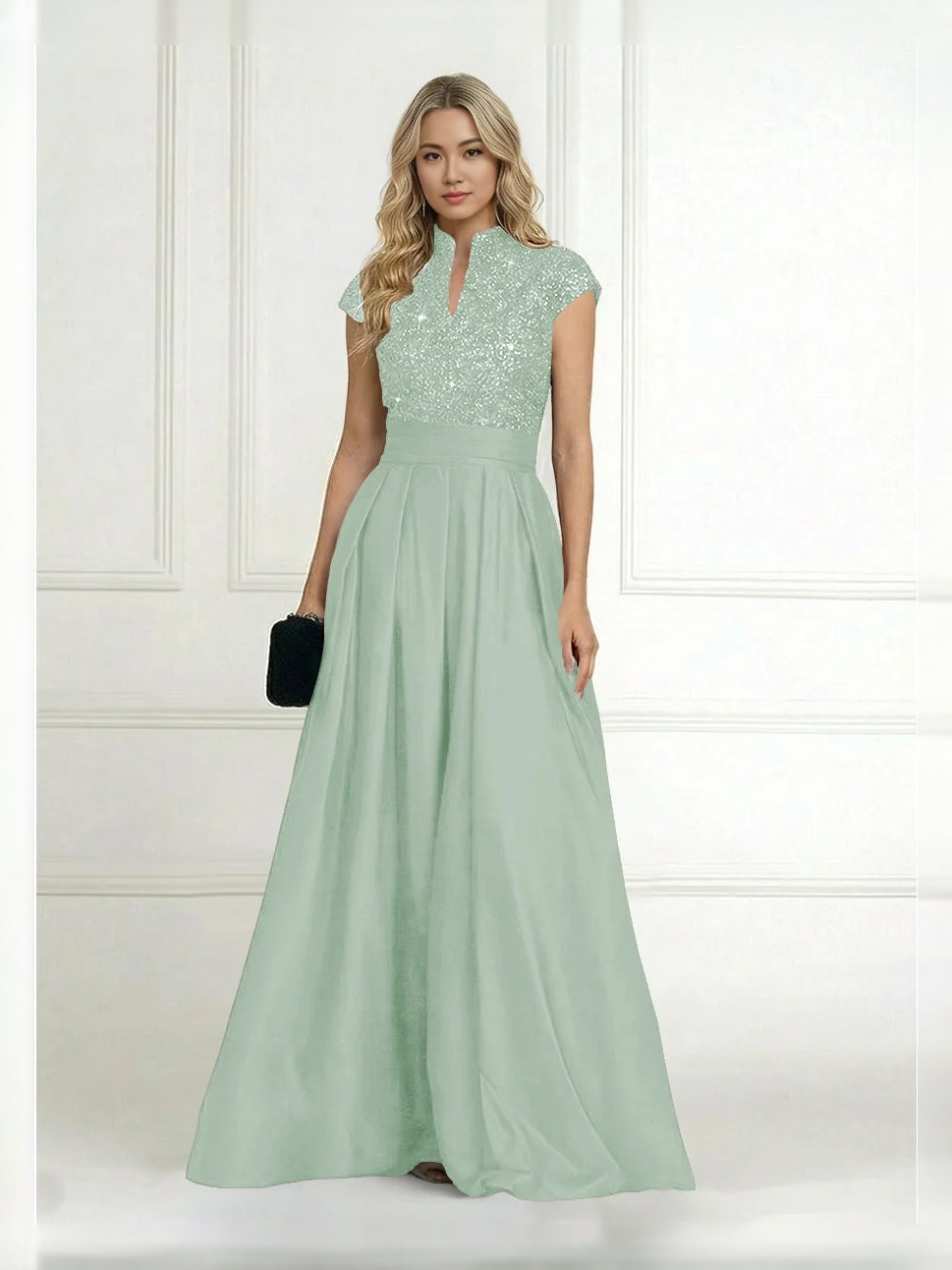 Mint green pleated sequin high-neck A-line satin gown with cap sleeves, floor length