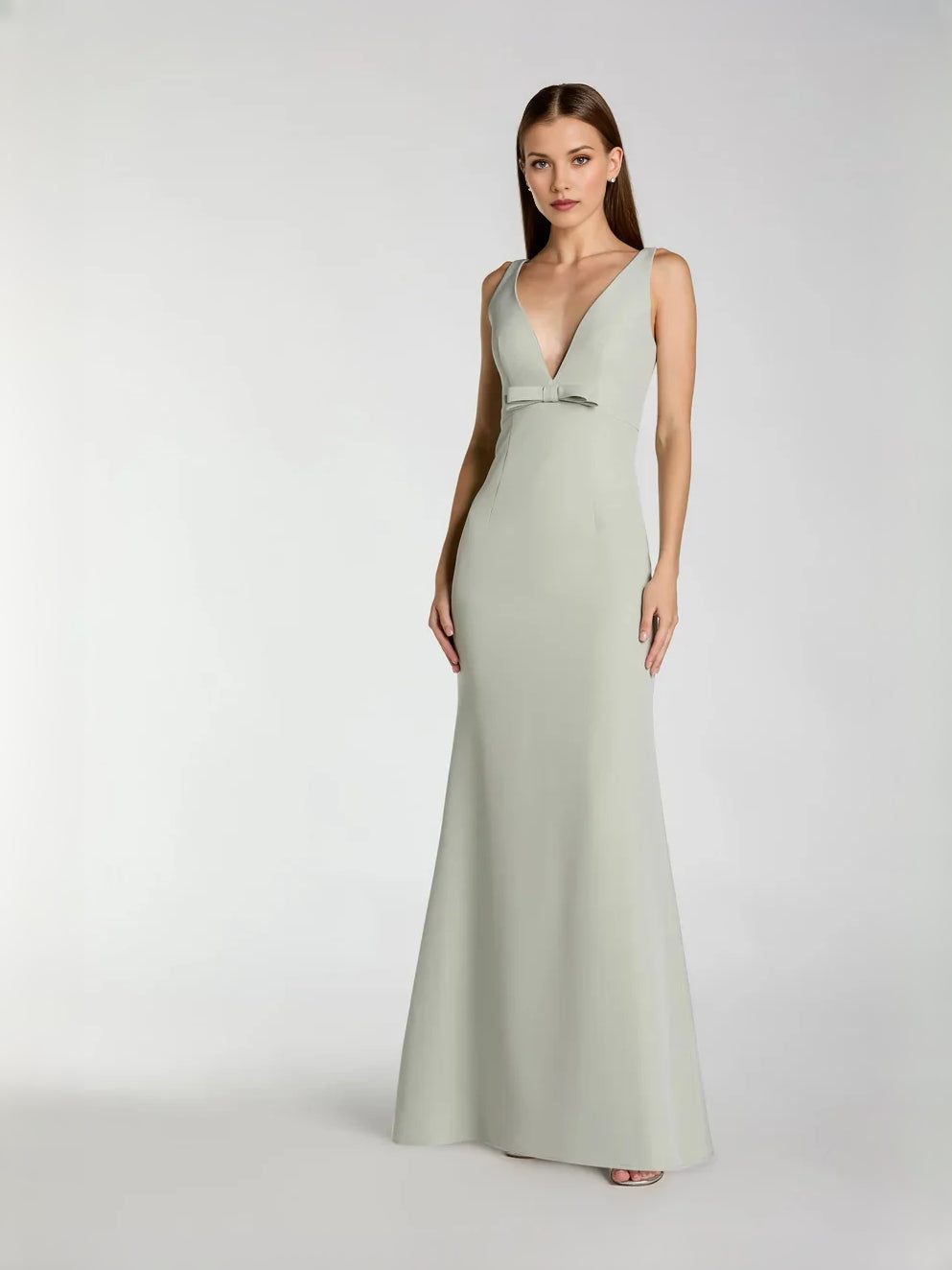 Dusty sage sleeveless V-neck mermaid formal dress with fitted waist, floor-length