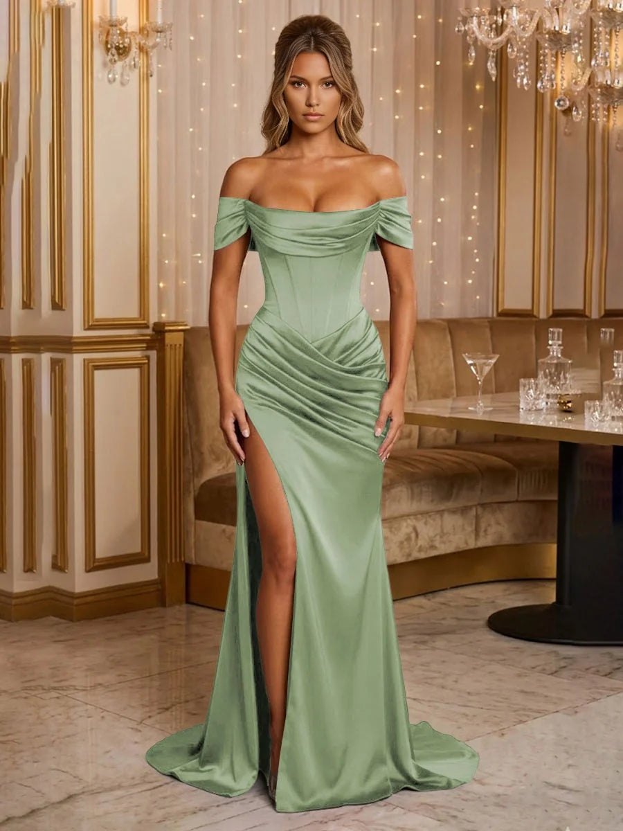 Off-shoulder corset maxi formal dress in sage green, draped bodice and front thigh slit.