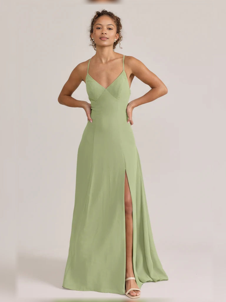 Dusty sage V-neck A-line maxi chiffon bridesmaid dress with spaghetti straps and front slit.