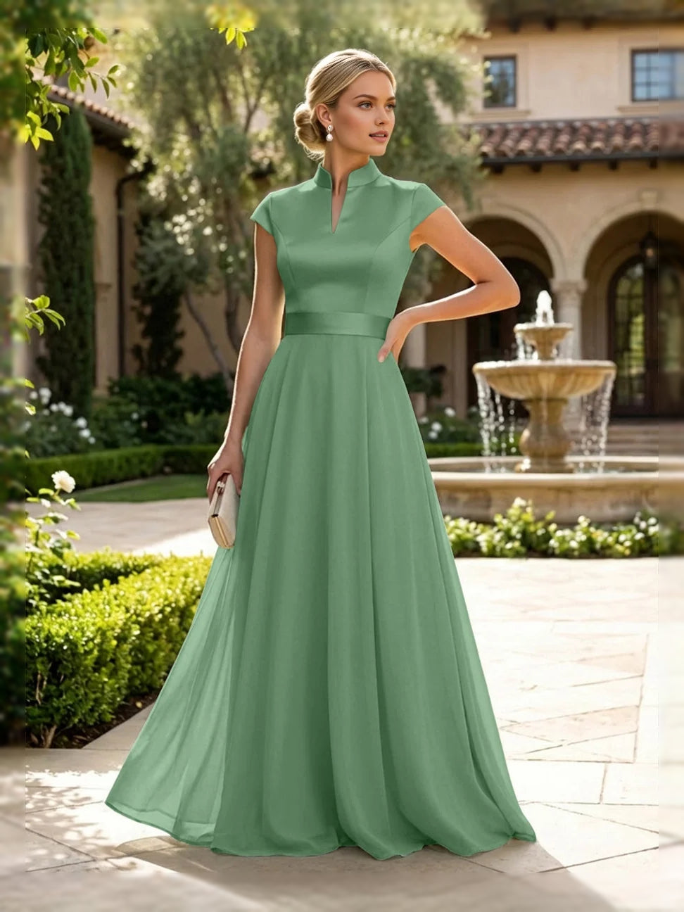 Mint green satin A-line dress with sleeveless high neck and floor length