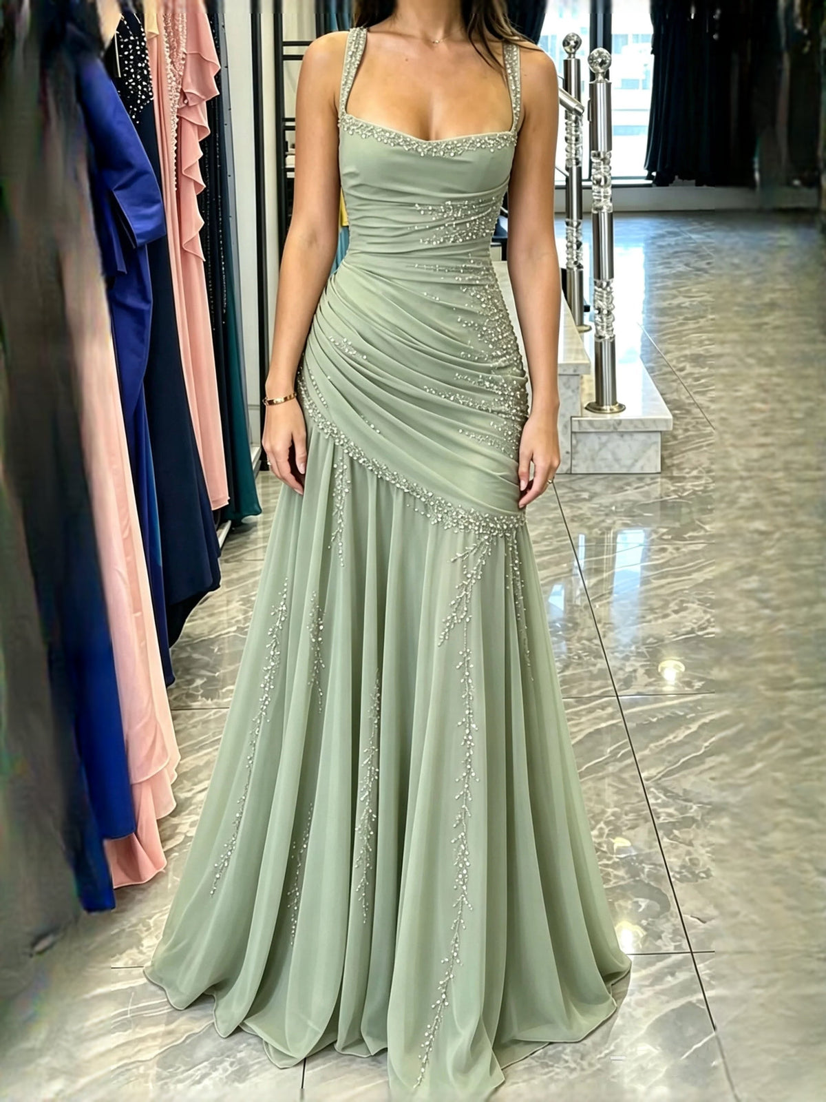 Light sage ruched square-neck sheath prom dress, full-length front view with beaded trim
