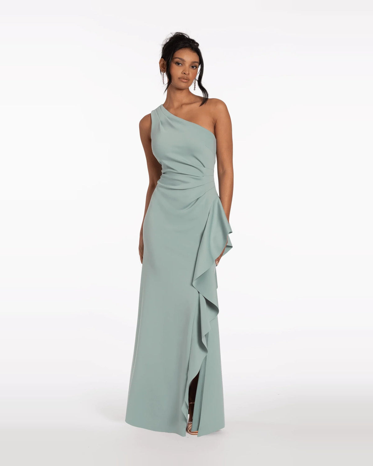 Sage green one-shoulder trumpet maxi dress with ruched bodice and side drape ruffles