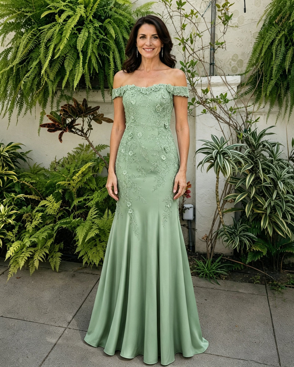 Sage green off-shoulder lace mermaid mother of the bride dress with scalloped neckline