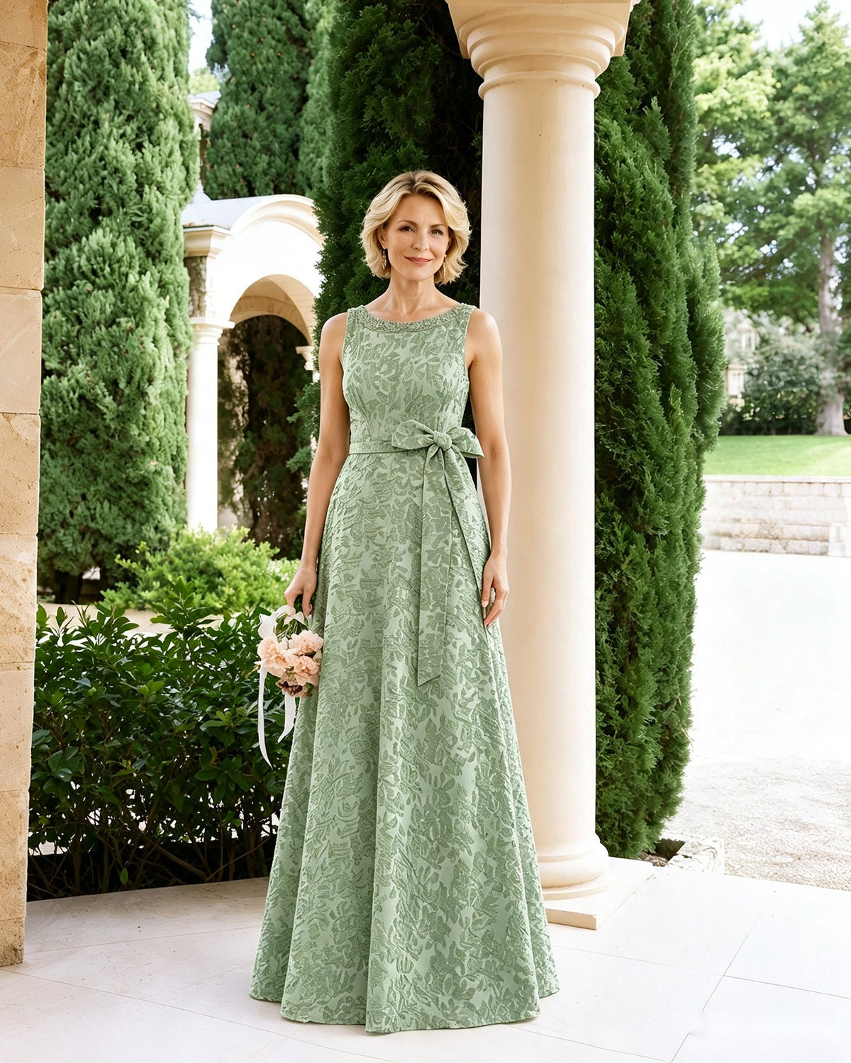 Sleeveless lace A-line mother-of-the-bride dress in sage green with waist sash bow