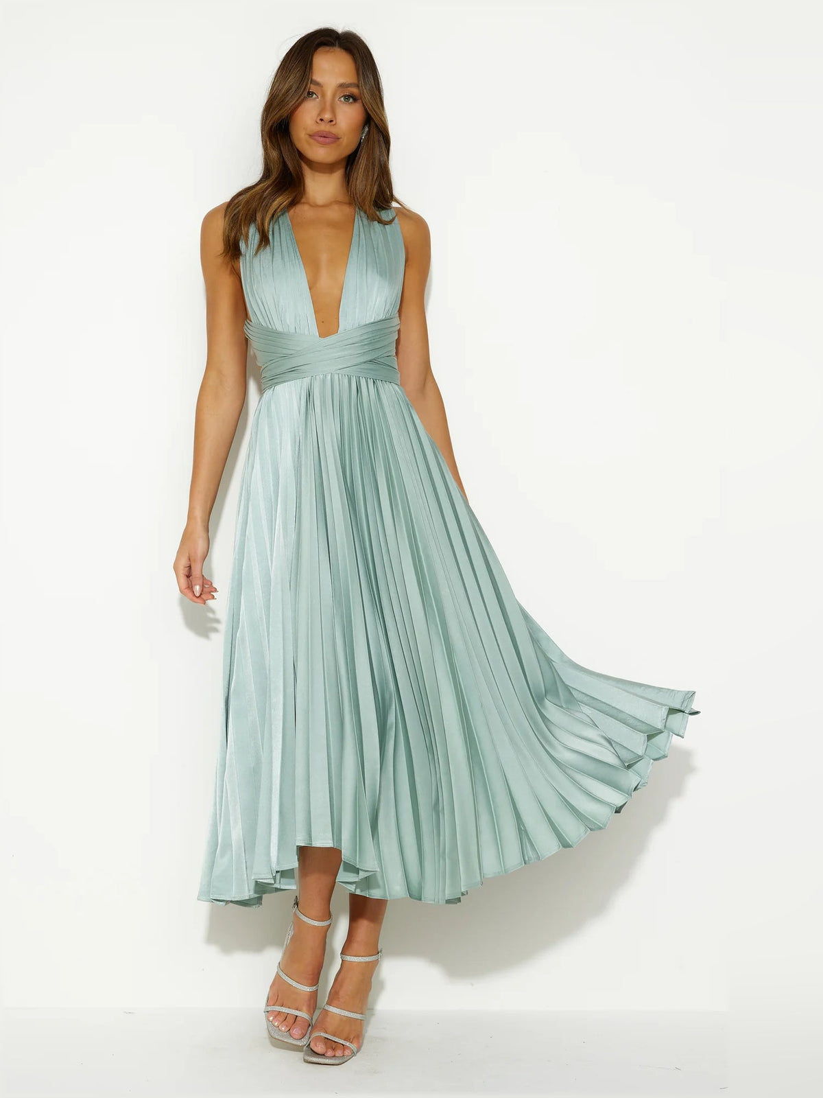 Light sage midi formal dress with V-neck and flowy pleated skirt, sleeveless