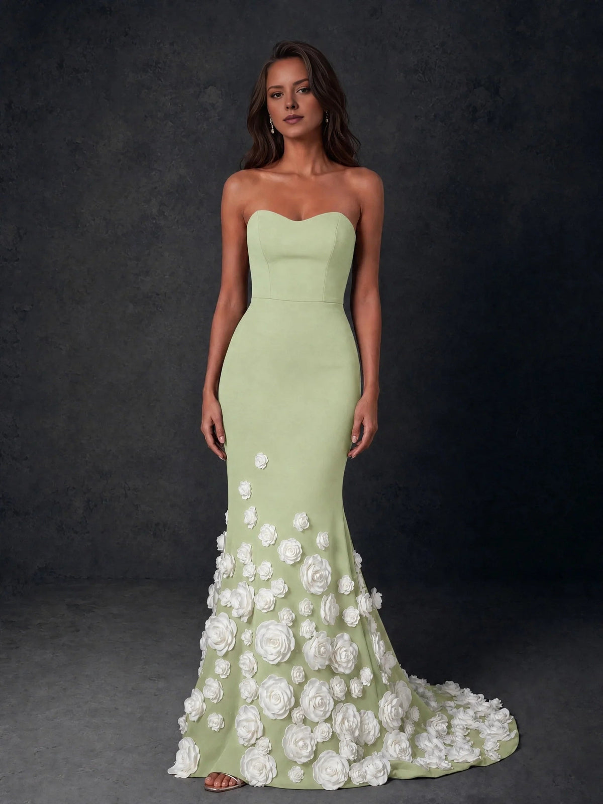 Sage green strapless sweetheart mermaid gown with floral appliqué hem