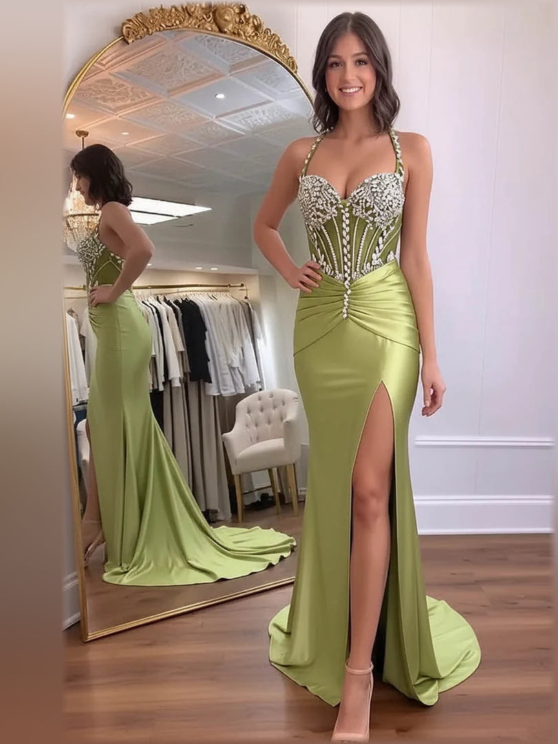 Sage green halter neck floor-length formal dress with jeweled beading and front slit hem