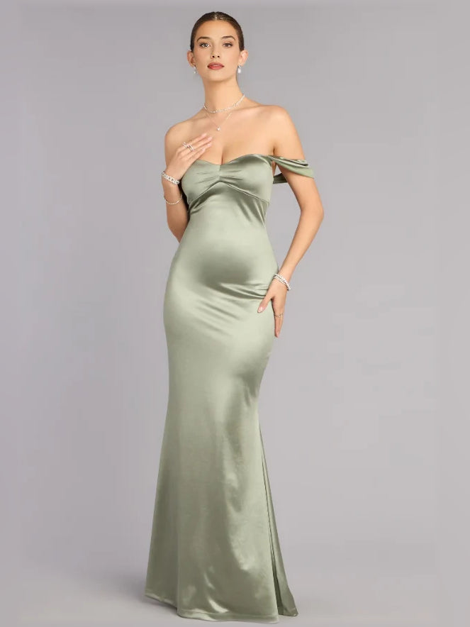 Sage green satin off-shoulder floor-length formal dress with elegant drape and slit hem