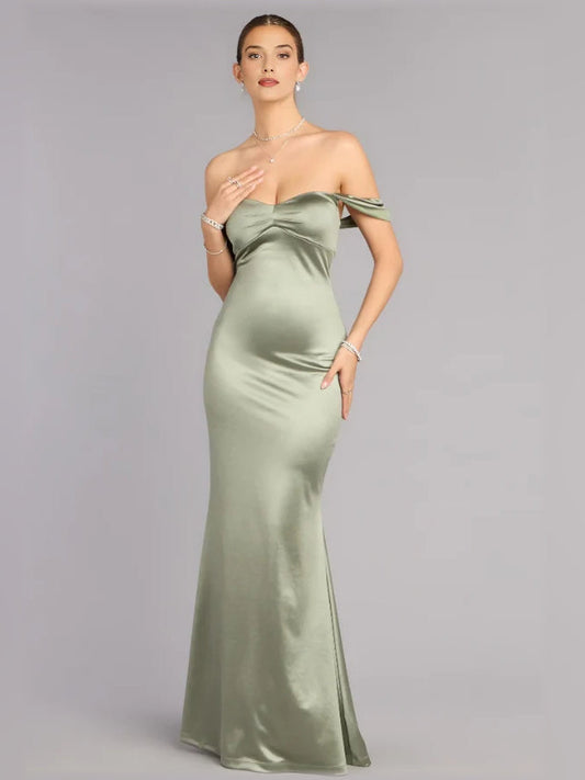 Sage green satin off-shoulder floor-length formal dress with elegant drape and slit hem