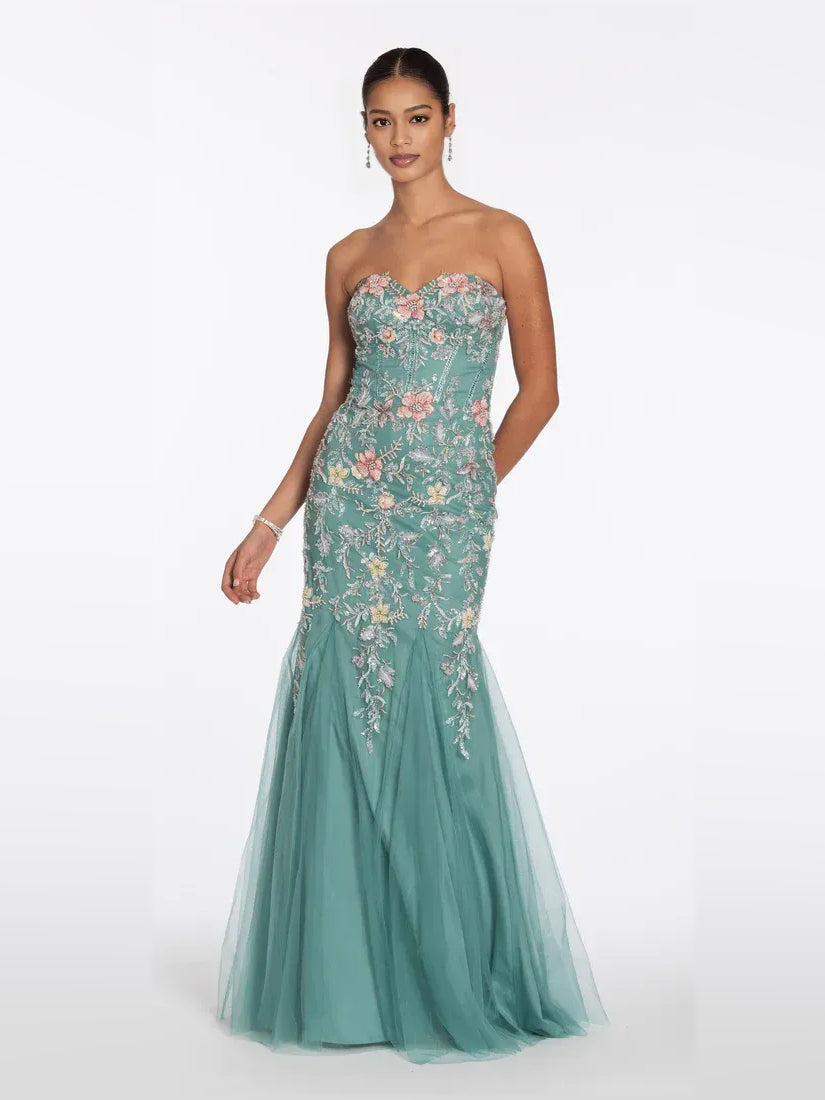 Sage green strapless floral mermaid gown with layered tulle skirt, floor-length