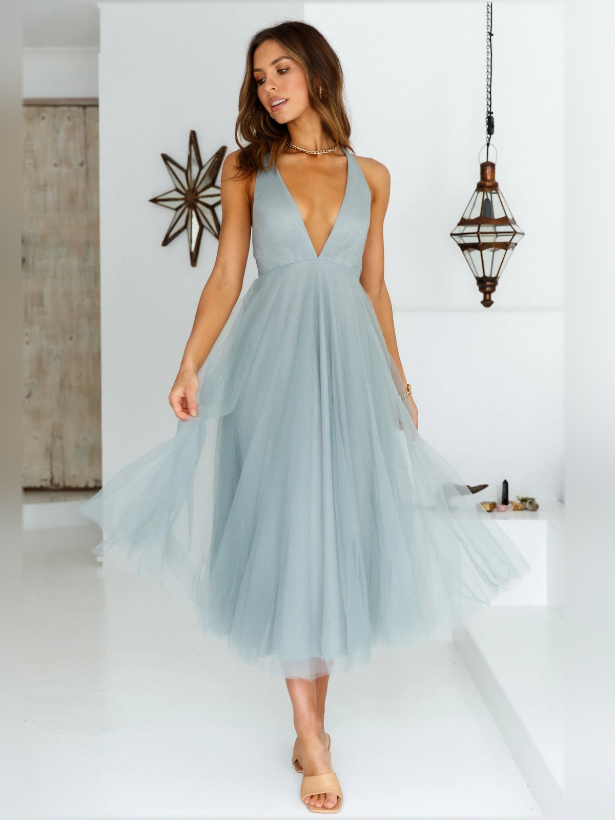 Sage midi formal dress sleeveless with deep V front and flowing tulle skirt