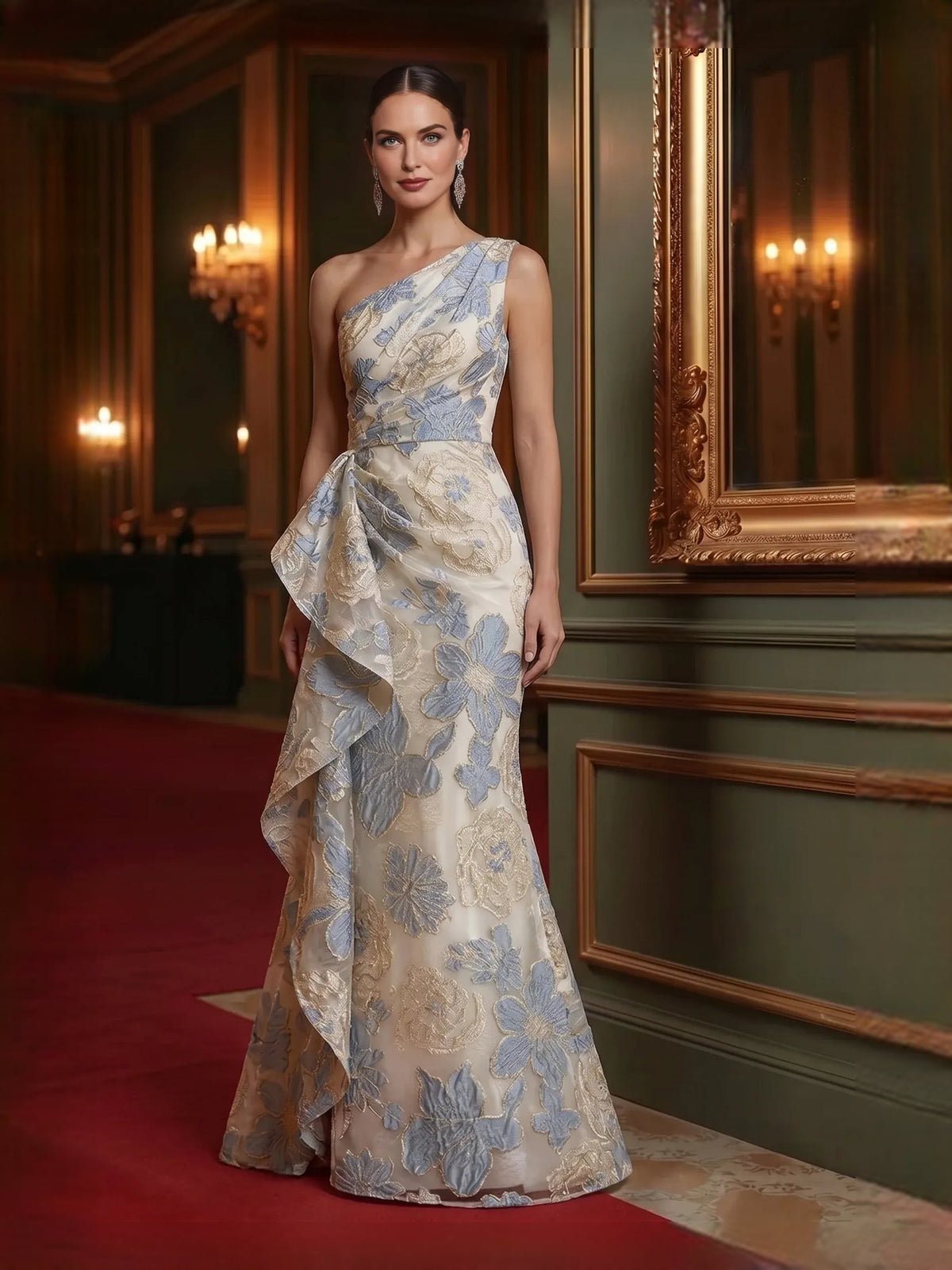 Front view: one-shoulder mermaid formal dress in light blue floral jacquard with ruffle