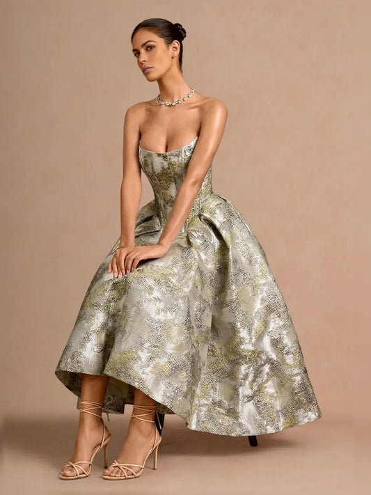 Sweetheart corset tea-length formal dress with sweetheart neckline, metallic silver-gold brocade