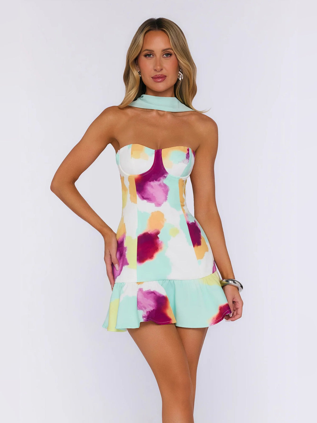 Strapless mini homecoming dress, watercolor print with layered ruffle hem, light blue choker