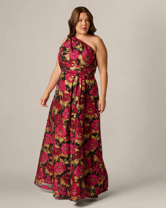 Full-length front view floral one-shoulder maxi dress in black, pink, and gold accents