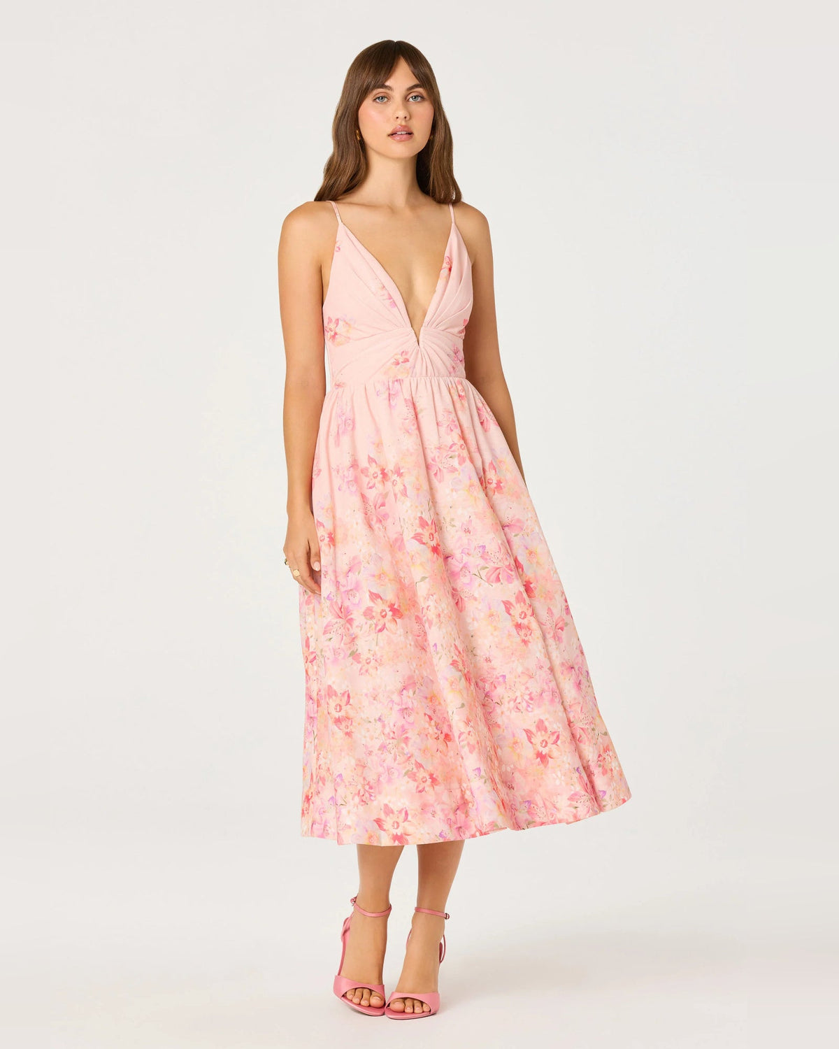Pink floral spaghetti-strap A-line midi dress with V-neck and gathered waist skirt