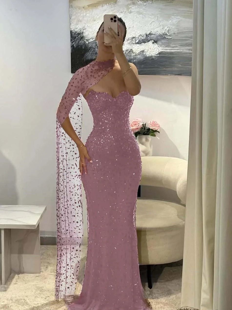 Dusty rose sequin sweetheart mermaid prom dress with cut-out back, floor-length