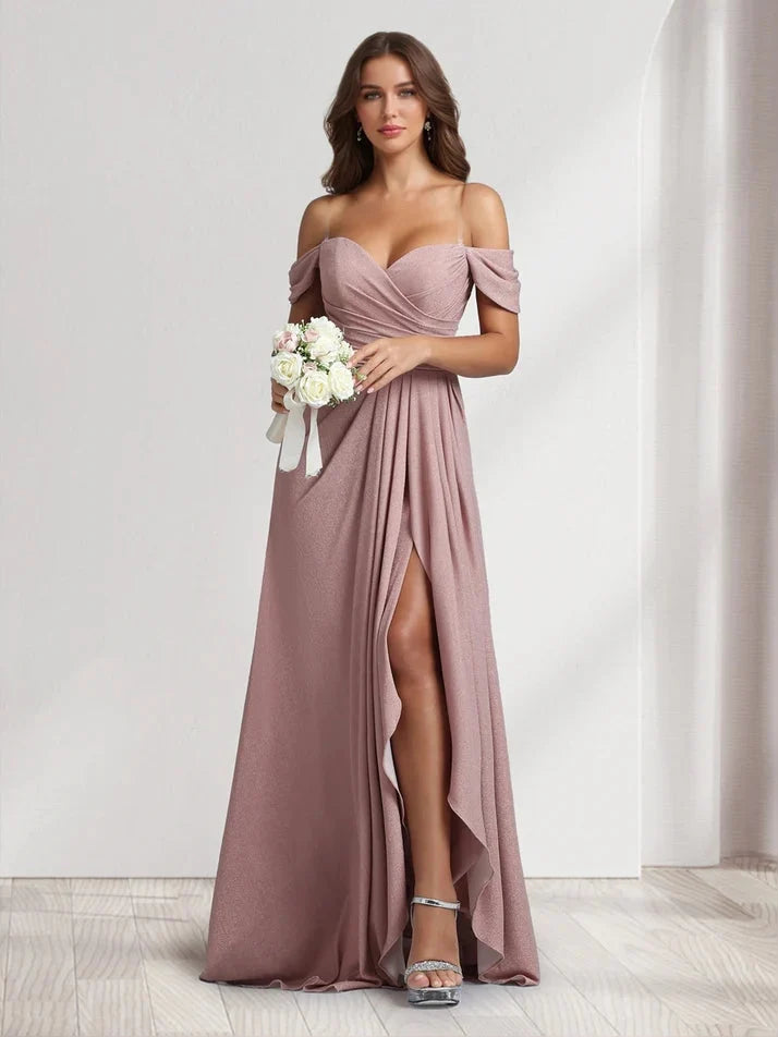 Dusty pink ruched strapless A-line prom dress, draped neckline, front slit, floor length