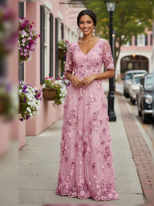 Dusty pink floral embroidered v-neck A-line tulle dress, front view