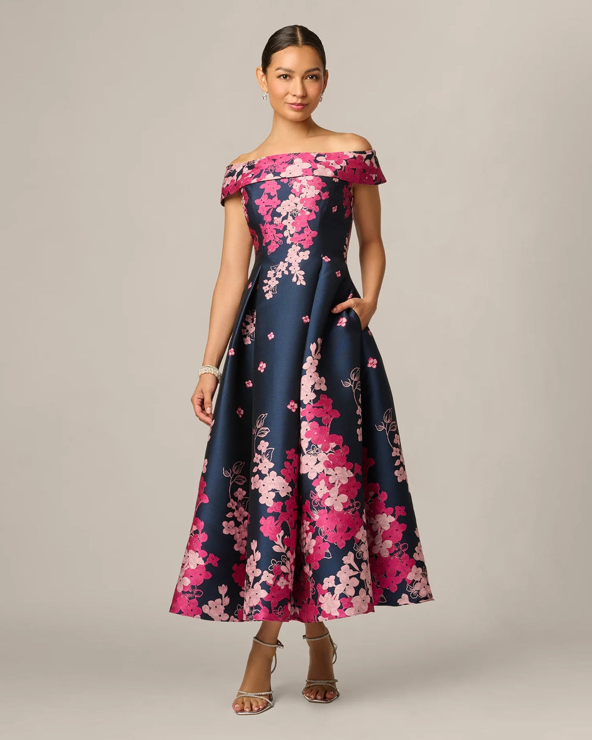 Navy A-line maxi mother dress with pink floral print and off-shoulder neckline