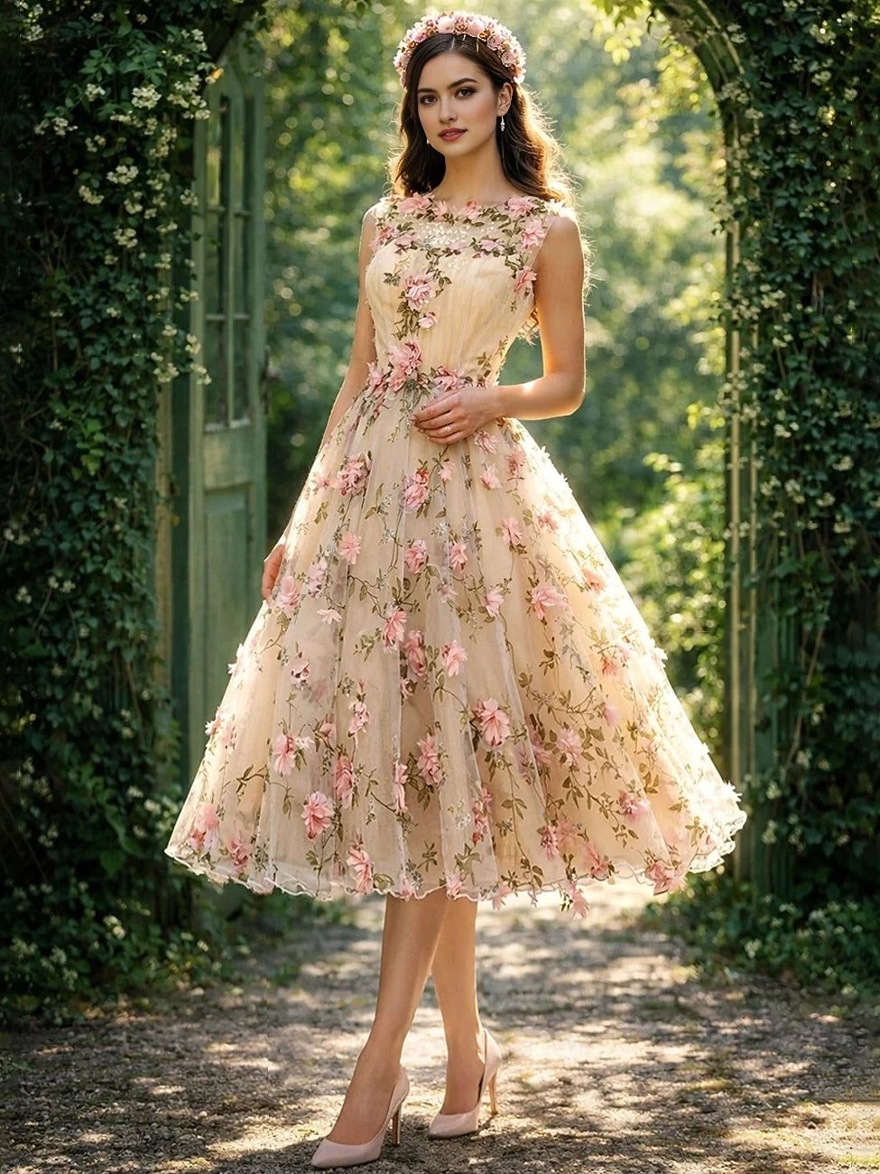 Pearl pink floral sleeveless midi tulle prom dress, full A-line skirt