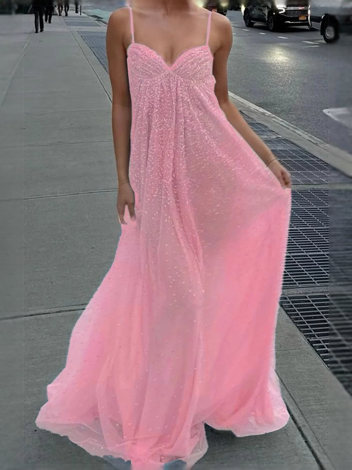 Dusty rose tulle prom dress with sweetheart neckline, spaghetti straps, beaded A-line skirt